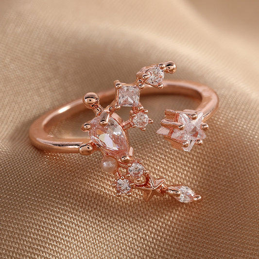 R025 rose gold moon star crystal gem adjustable ring