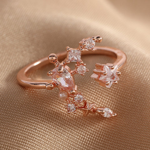 R025 rose gold moon star crystal gem stone open adjustable ring