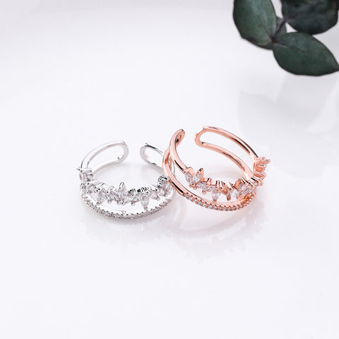 R019 double band crystal stone open adjustable ring