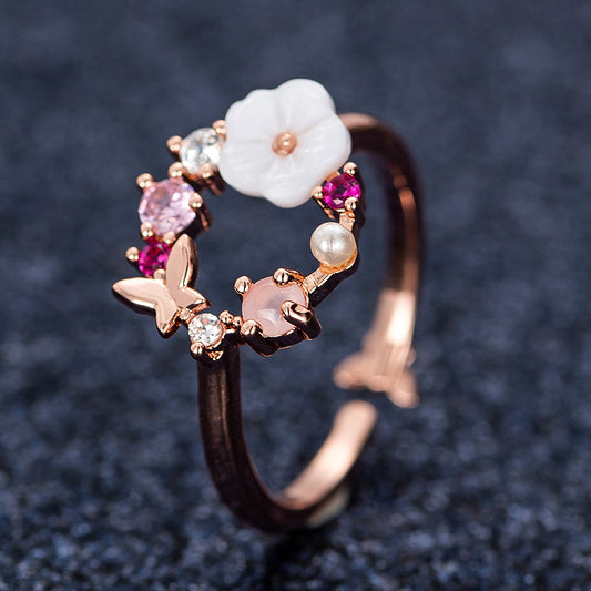 R021 rose gold flower wreath adjustable ring