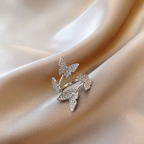 R031 silver butterfly paved cz open adjustable ring
