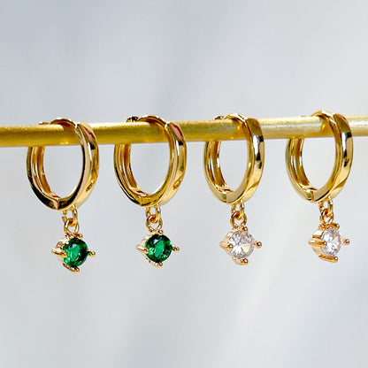 E165 gold solitaire dangle huggie hoop earrings