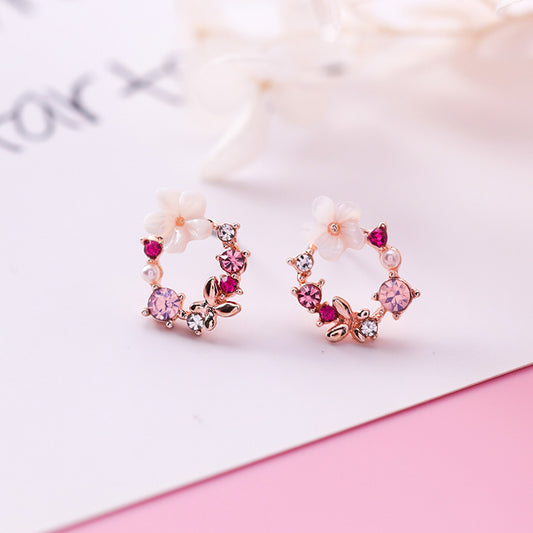 E024 pink flower wreath stud earrings