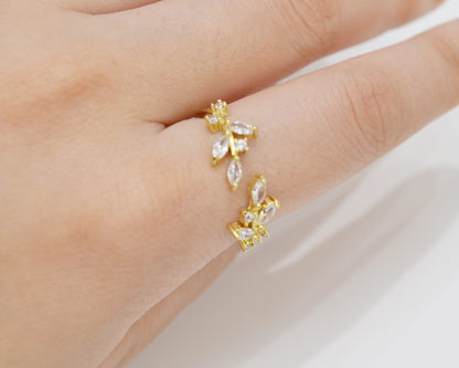 R018 crystal stone leaf adjustable ring