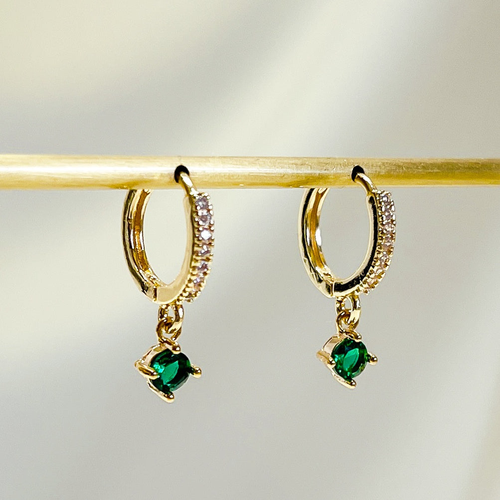 E156 gold solitaire dangle paved huggie hoop earrings