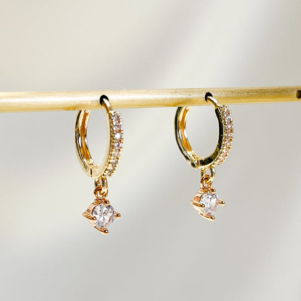 E156 gold solitaire dangle paved huggie hoop earrings