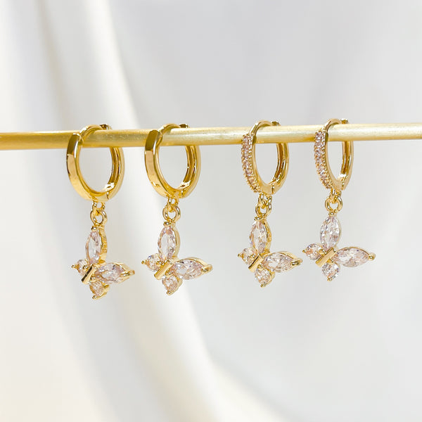 E164 14k gold filled butterfly huggie hoop dangle earrings