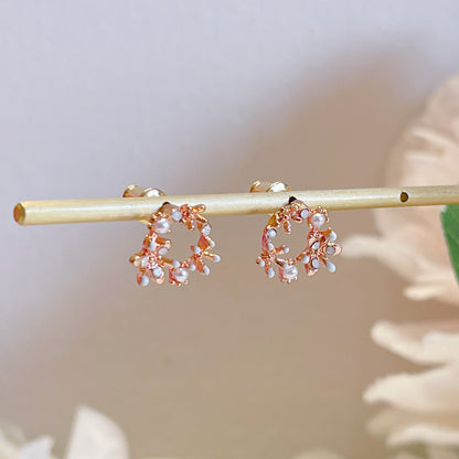 E028 rose gold dainty flower wreath earrings