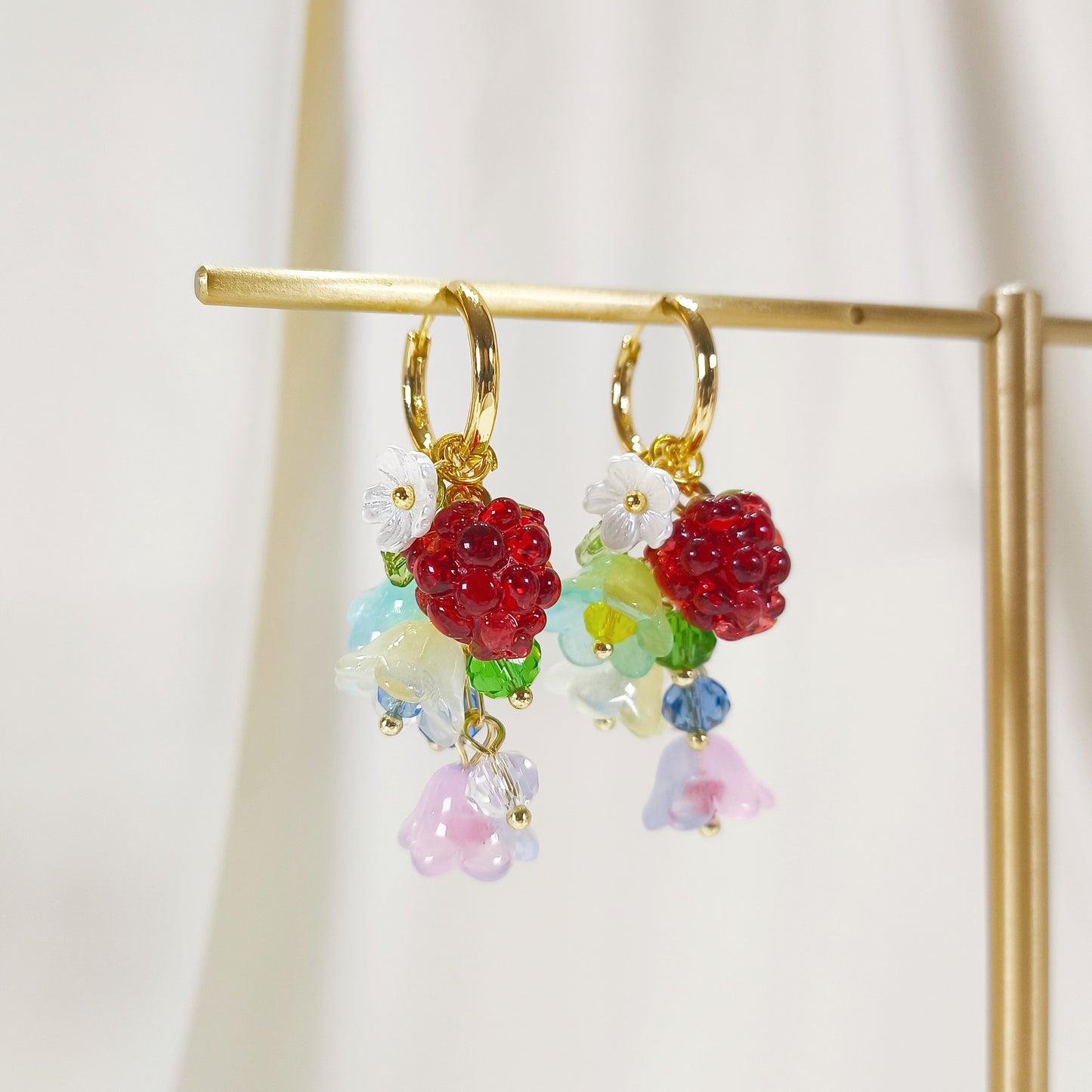 CE005 pre-designed lily flower strawberry & raspberry charm earrings