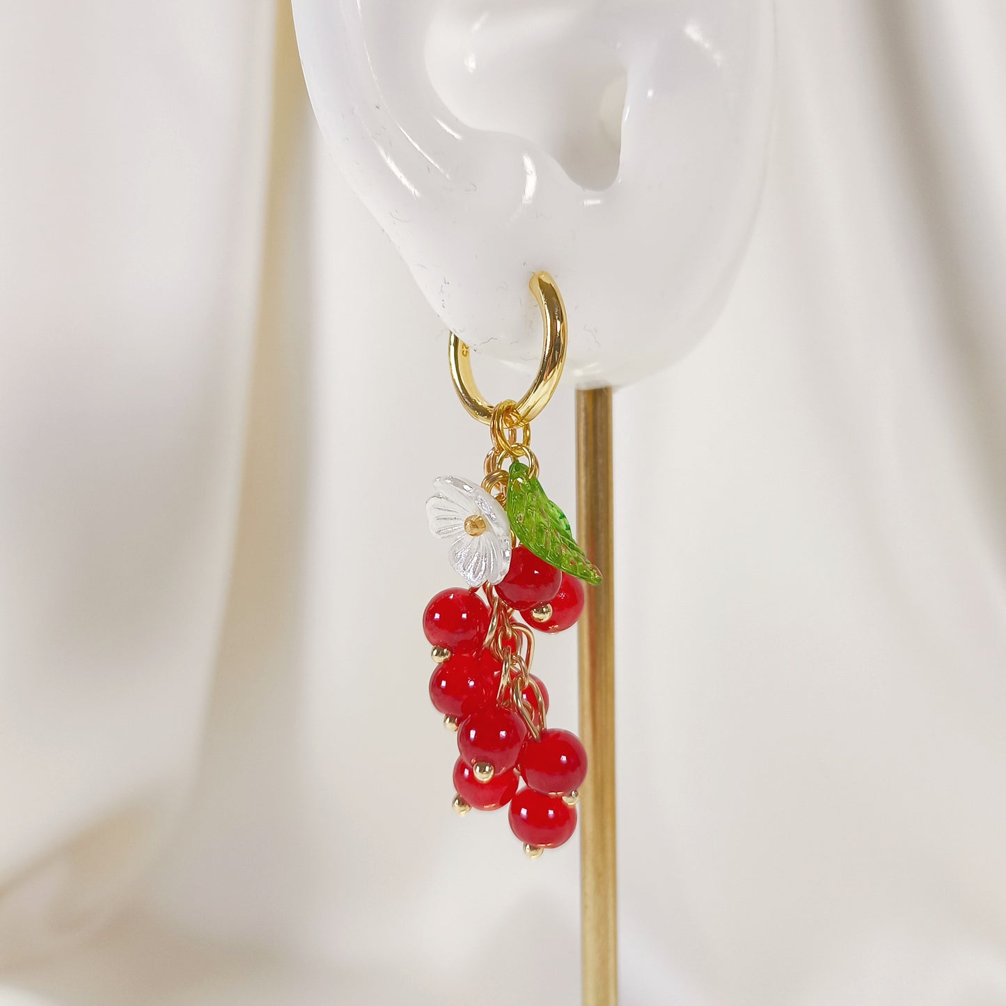 CE008 pre-designed red cherry cluster flower charm earrings