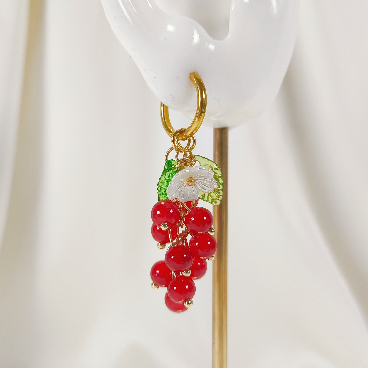 CE008 pre-designed red cherry cluster flower charm earrings