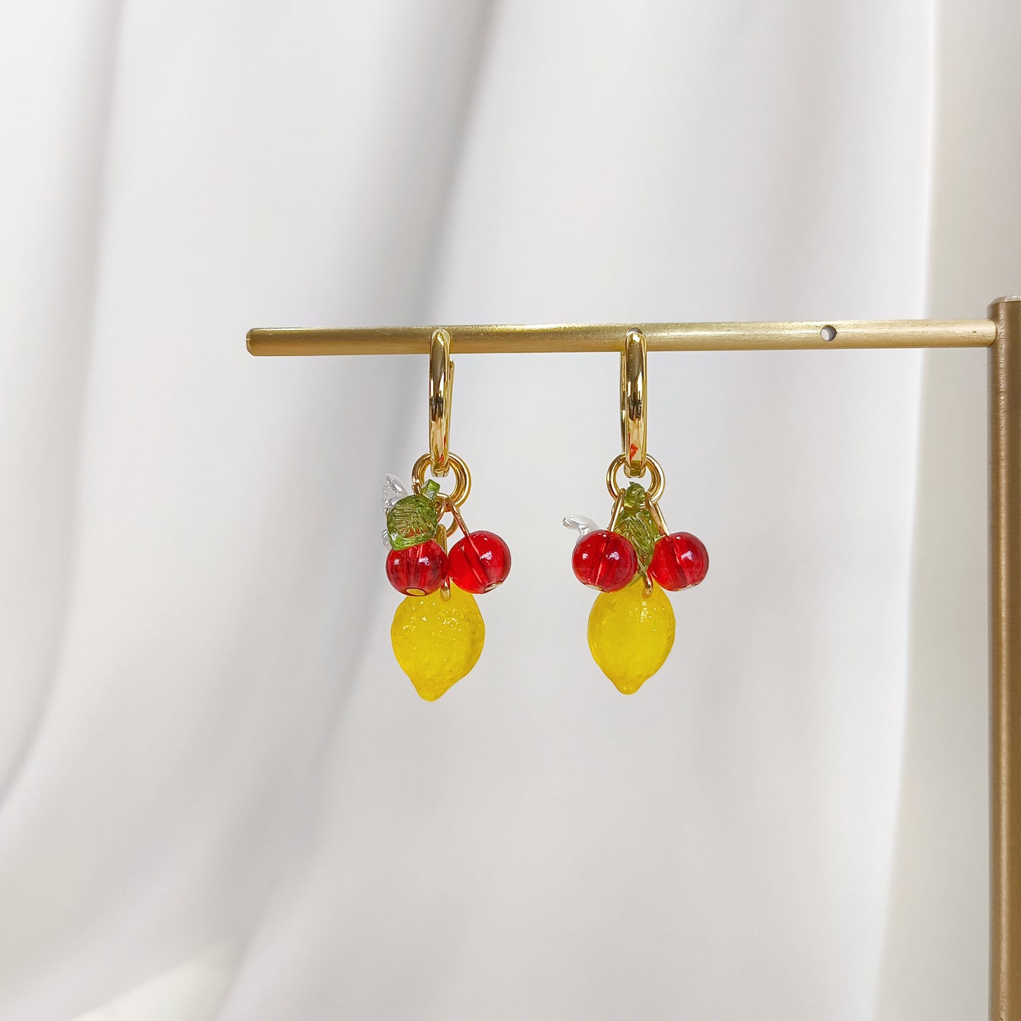 CE009 pre-designed lemon & red cherry fruit charm earrings