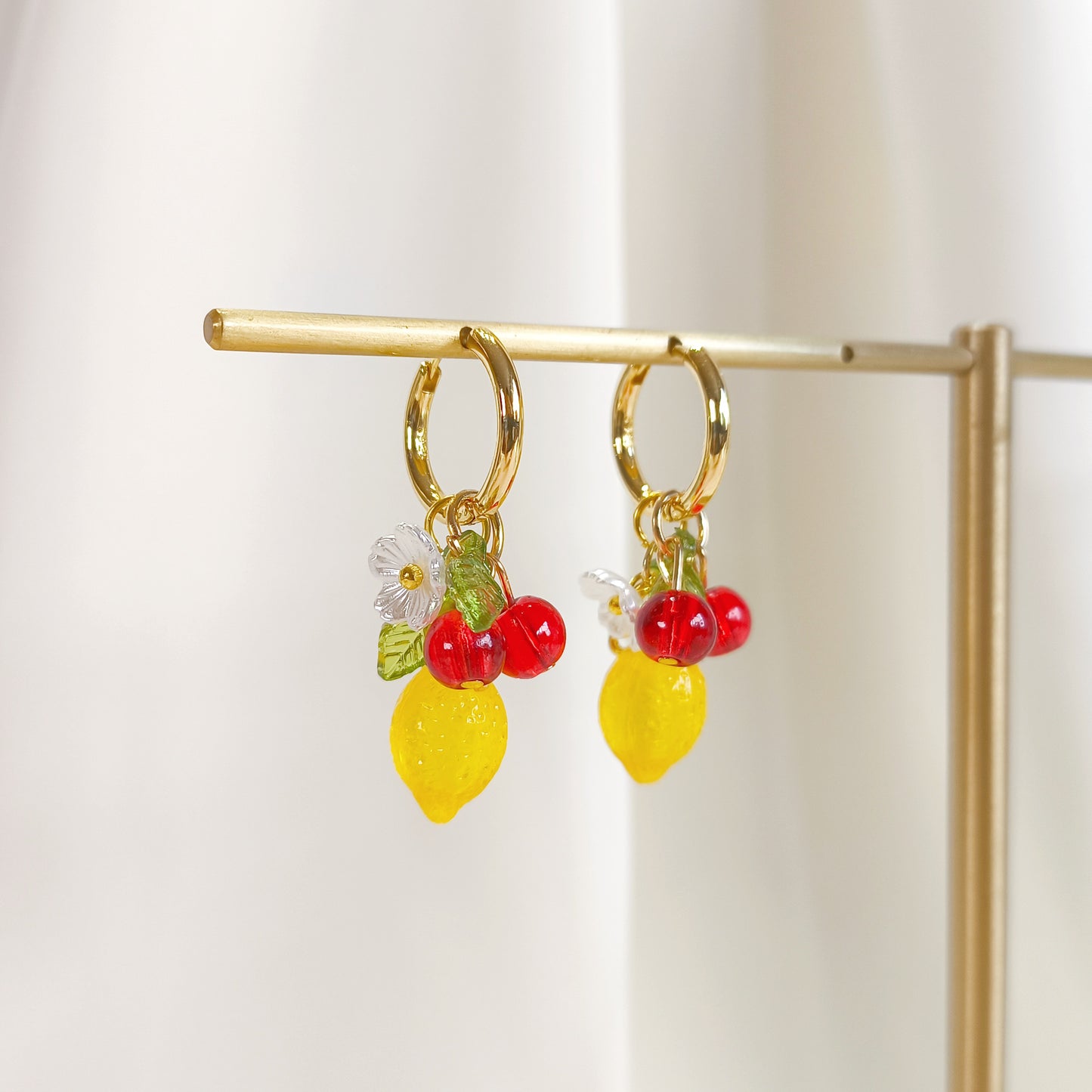 CE009 pre-designed lemon & red cherry fruit charm earrings