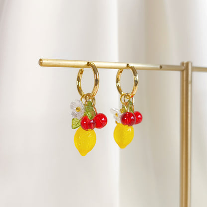 CE009 pre-designed lemon & red cherry fruit charm earrings