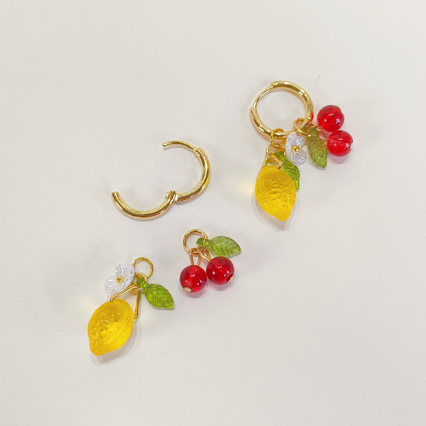 CE009 pre-designed lemon & red cherry fruit charm earrings