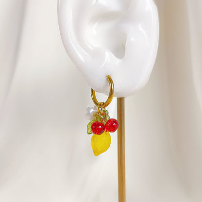 CE009 pre-designed lemon & red cherry fruit charm earrings