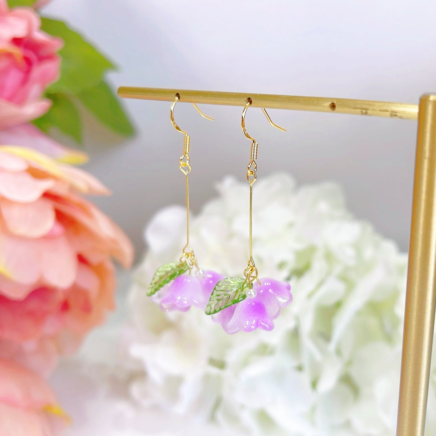 E157 lilac lily of the valley flower dangle earrings