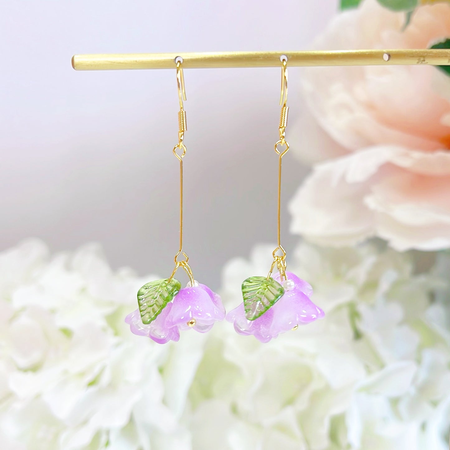 E157 lilac lily of the valley flower dangle earrings