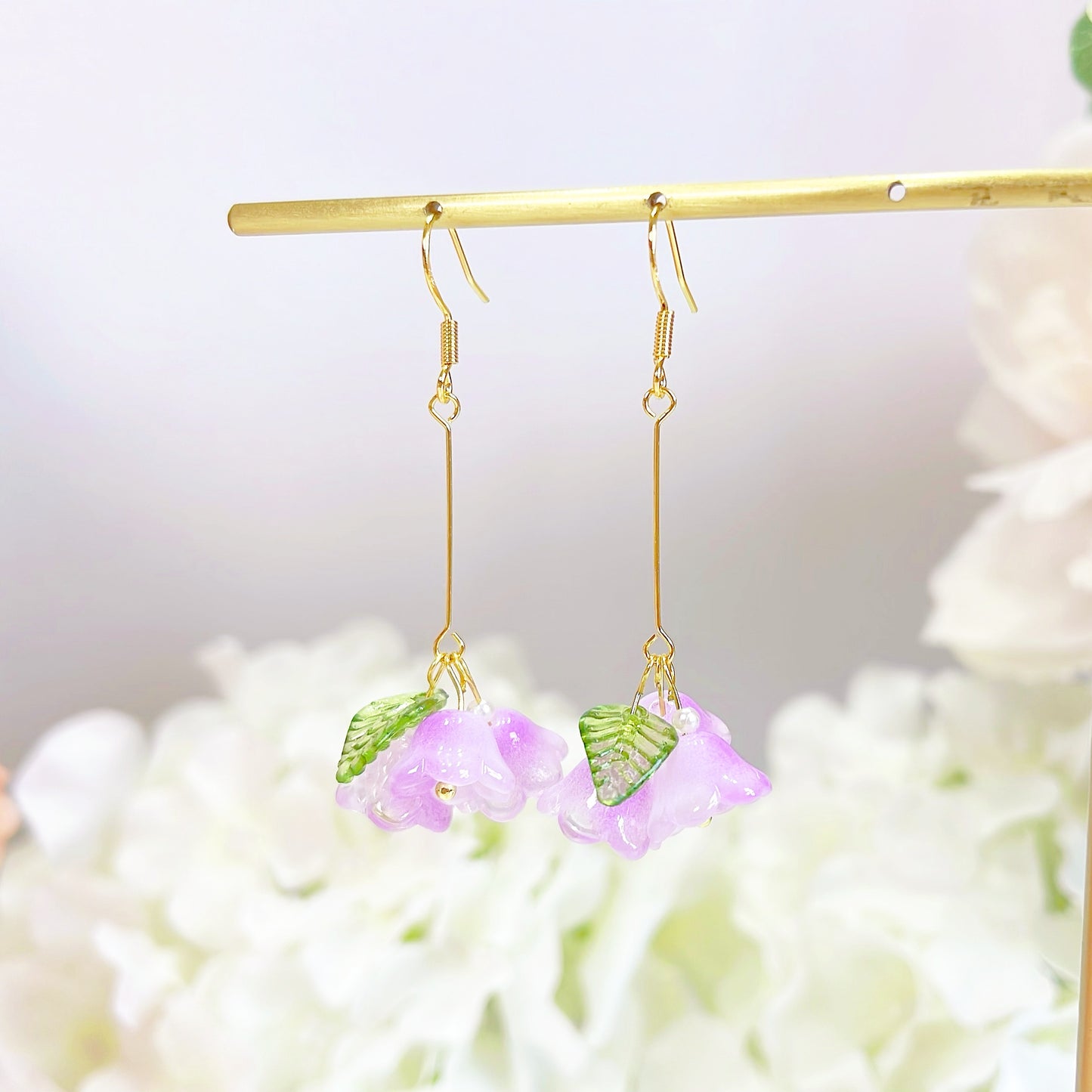 E157 lilac lily of the valley flower dangle earrings