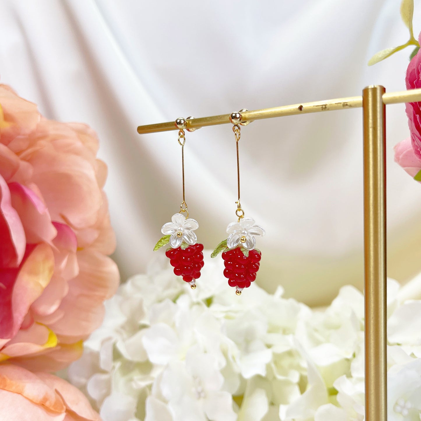 E187 cute glazed raspberry fruit dangle earrings