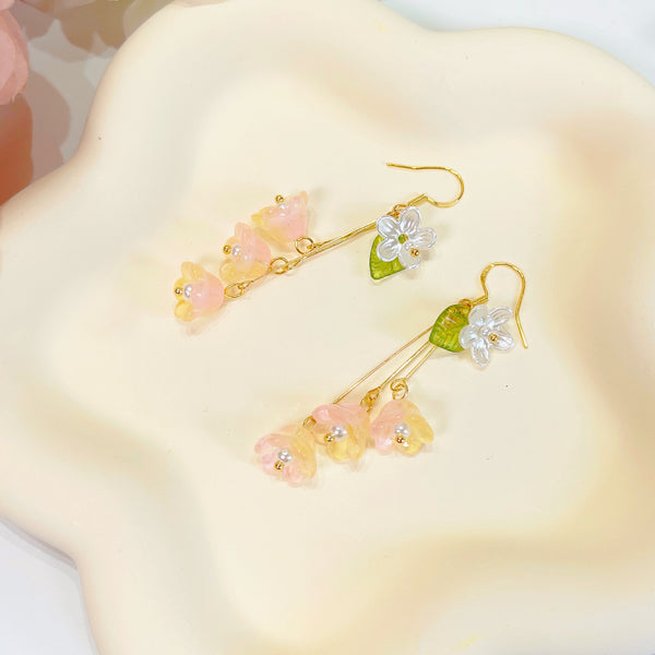 E188 lily of the valley yellow flower dangle earrings