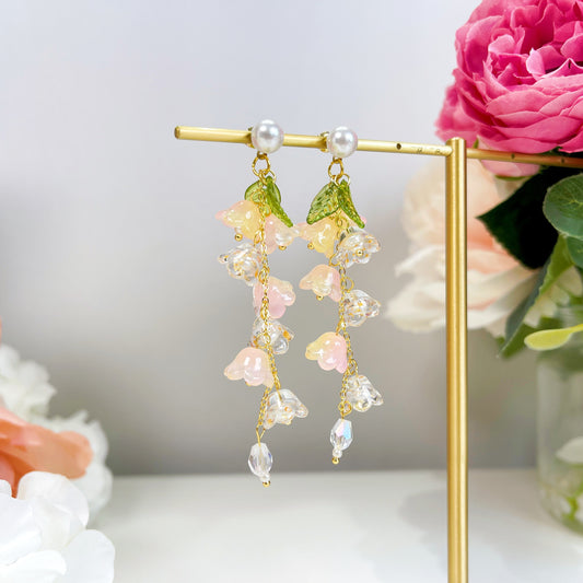 E158 lily of the valley pink flower dangle earrings