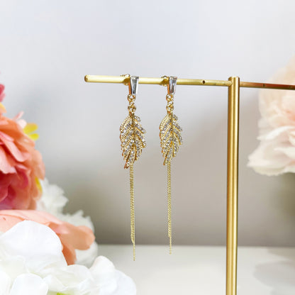 Alaina gold crystal paved leaf dangle earrings