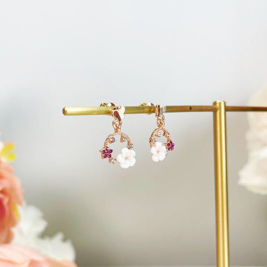 E055 fairy pink flower dangle earrings