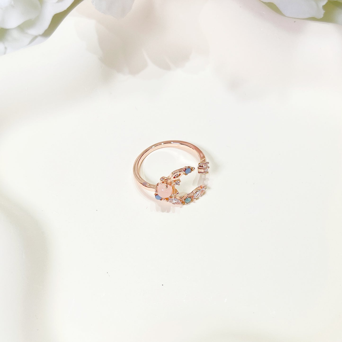 R020 rose gold moon star crystal gem adjustable ring