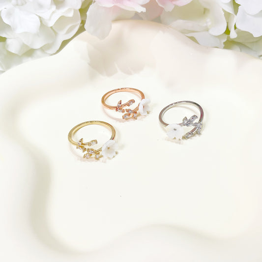 R024 flower leaf crystal gem adjustable ring