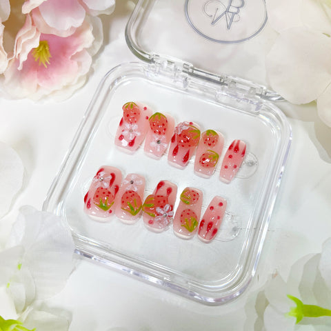 PO005 cute pink 3D strawberry hand painted flower press on nails