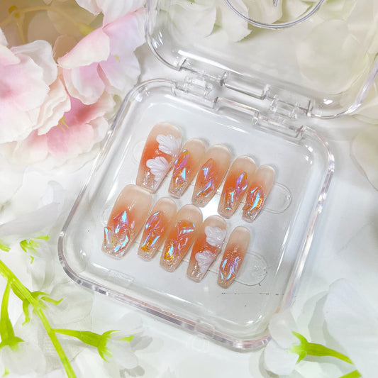 PO006 blush pink white flower crystal aurora press on nails