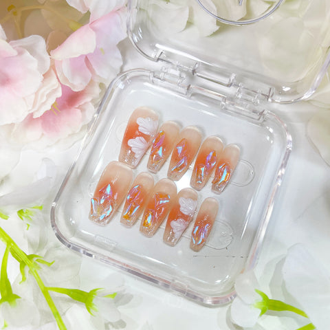 PO006 blush pink hand painted white flower crystal ombre press on nails