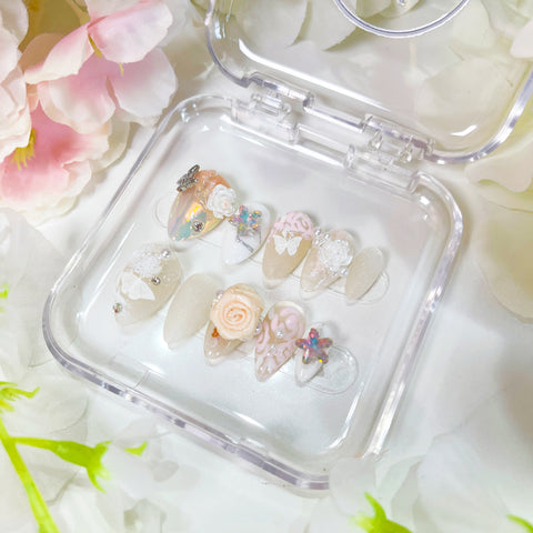 PO011 short almond 3D hand painted flower wedding bridal press on nails