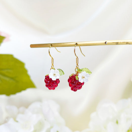 E192 dainty glazed cute raspberry fruit dangle earrings