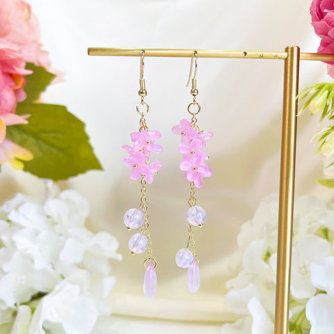E195 purple lily flower long dangle beads earrings