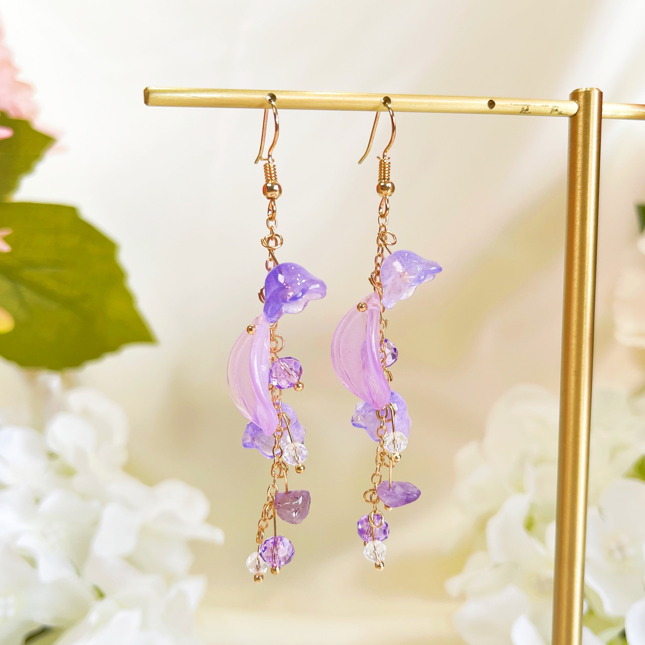 Long Clip On Earrings with Floral Detail, Pastel Purple, Dangle Clip On Earring, Fused Glass Jewelry sale - Violetta- - 6