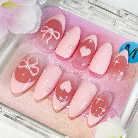 PO012 pink bow heart french almond press on nails