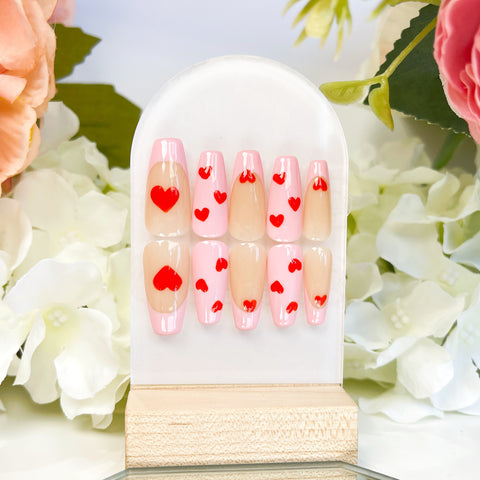 PO013 cute red pink heart french nail tip coffin press on nails