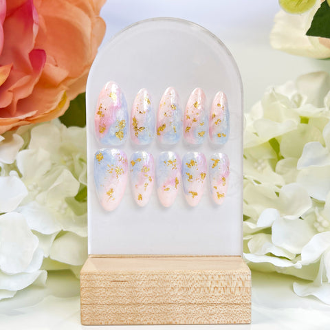 PO015 pearl gel marble ombre gradient almond press on nails