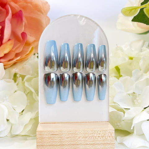 PO017 blue ombre gradient silver chrome mirror coffin press on nails