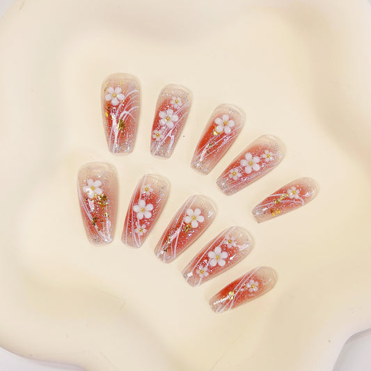 PO020 3D flower aurora coffin coffin press on nail