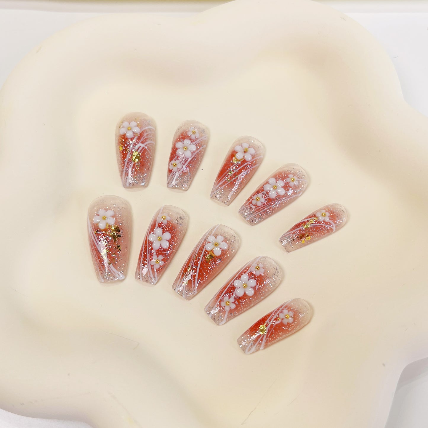 PO020 3D flower aurora coffin coffin press on nail