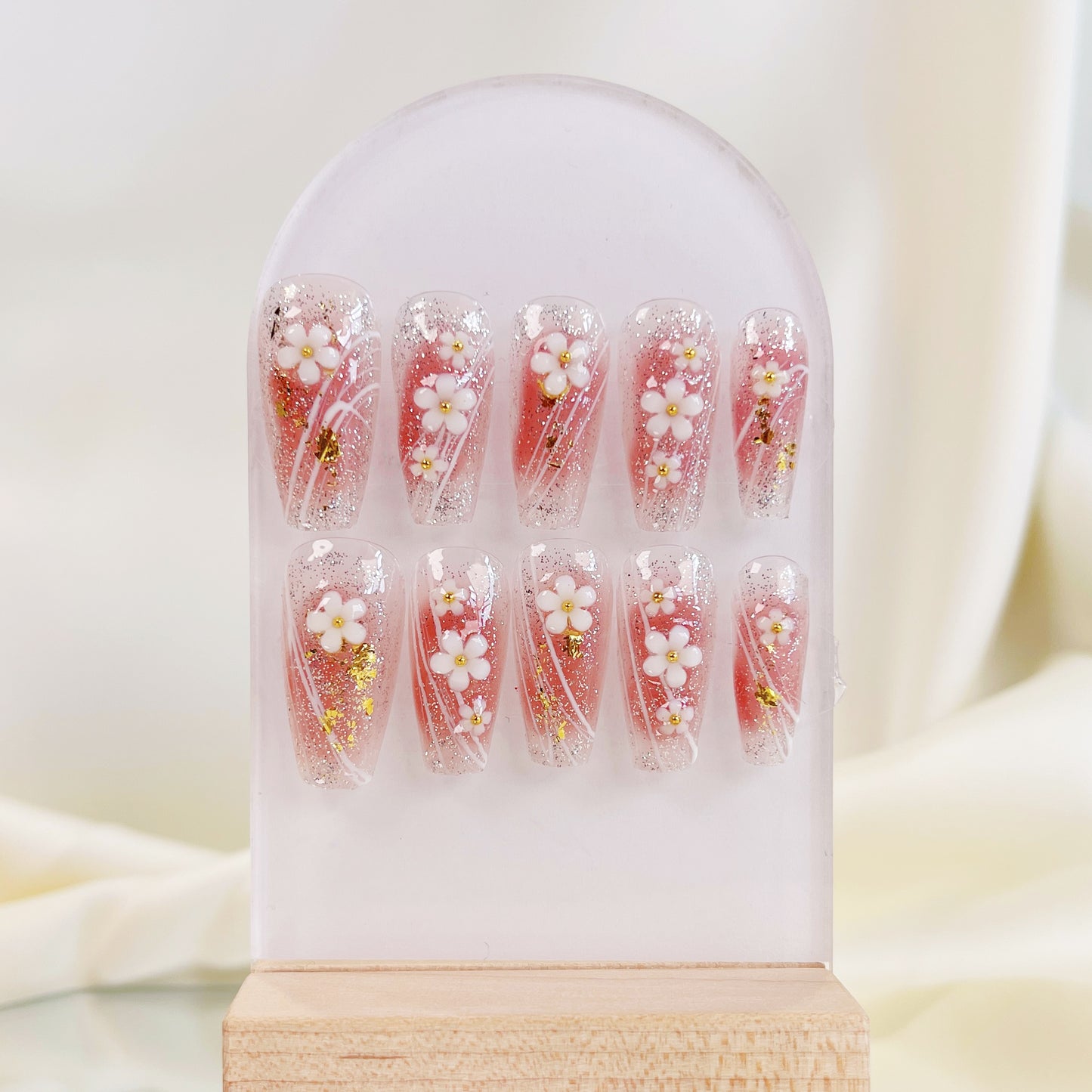 PO020 3D flower aurora coffin coffin press on nail