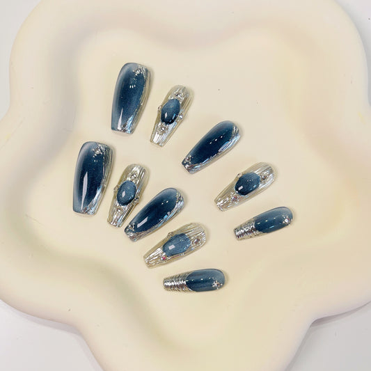 PO026 blue cat eye ombre silver chrome coffin press on nails