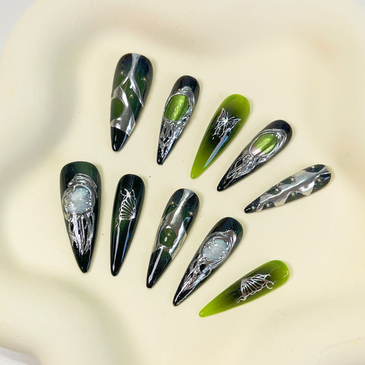 PO029 cyberpunk green gothic long stiletto press on nails