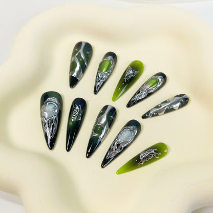 PO029 cyberpunk green gothic long stiletto press on nails