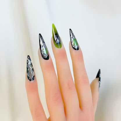 PO029 cyberpunk green gothic long stiletto press on nails