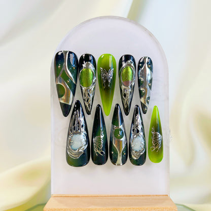 PO029 cyberpunk green gothic long stiletto press on nails