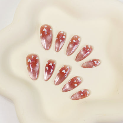 PO030 pink cat eye heart almond press on nails